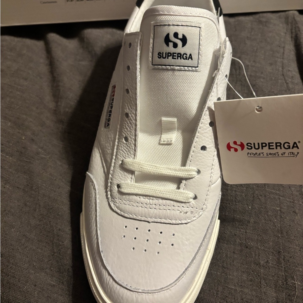 Superga 3854 Court Platform Leather Sneaker White w/Black Heel Tab Men’s 10 NIB - Picture 2 of 5
